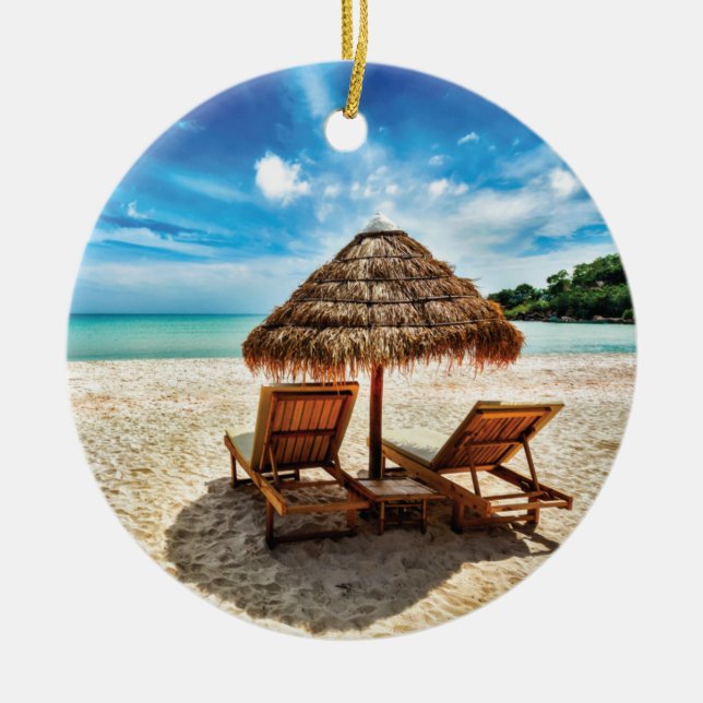 Lounge chairs on beach throw pillow ceramic tree decoration (Front)