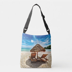 Lounge chairs on beach throw pillow crossbody bag