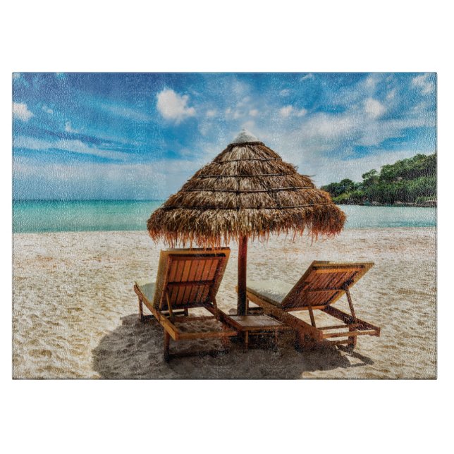 Lounge chairs on beach throw pillow cutting board (Front)