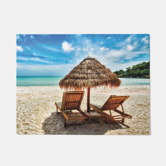 Lounge chairs on beach throw pillow doormat (Front)