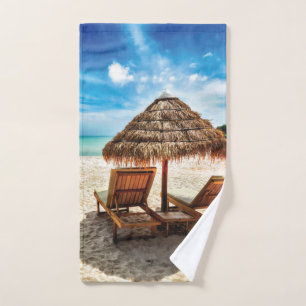 Lounge chairs on beach throw pillow hand towel