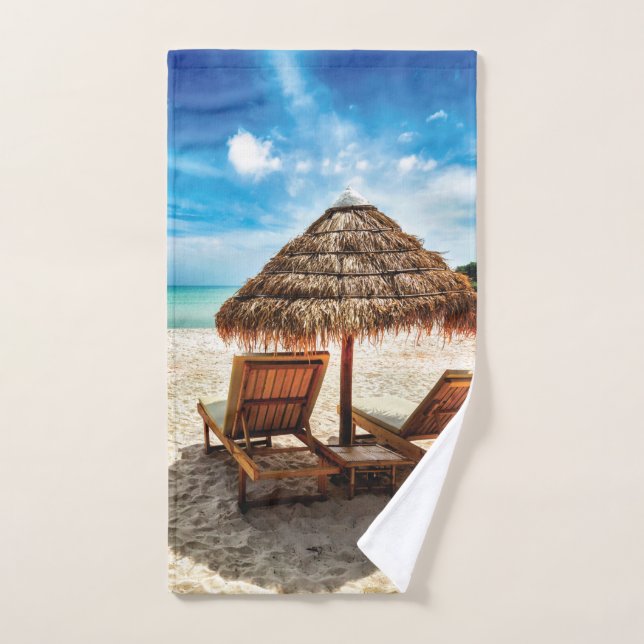Lounge chairs on beach throw pillow hand towel (Hand Towel)