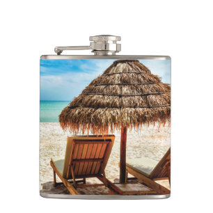 Lounge chairs on beach throw pillow hip flask