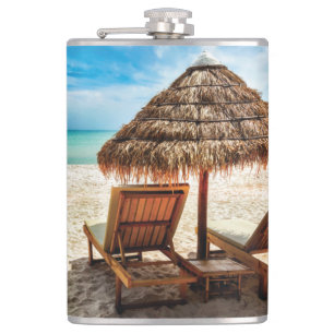Lounge chairs on beach throw pillow hip flask