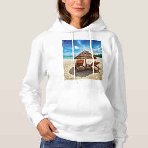 Lounge chairs on beach throw pillow hoodie