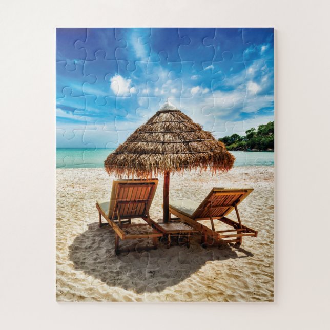 Lounge chairs on beach throw pillow jigsaw puzzle (Vertical)