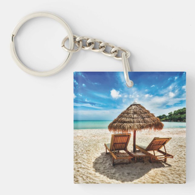 Lounge chairs on beach throw pillow key ring (Front)