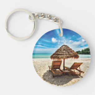 Lounge chairs on beach throw pillow key ring