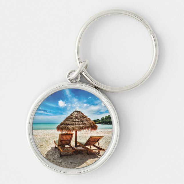 Lounge chairs on beach throw pillow key ring (Front)