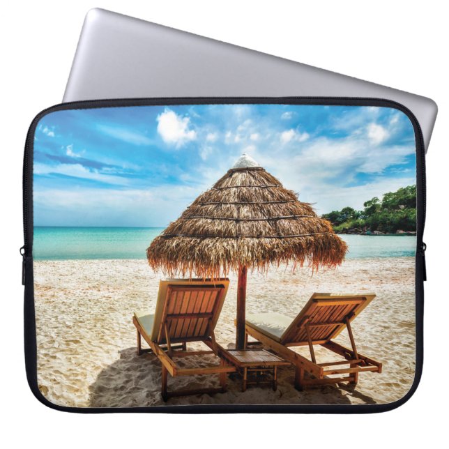 Lounge chairs on beach throw pillow laptop sleeve (Front)