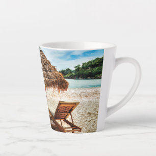 Lounge chairs on beach throw pillow latte mug