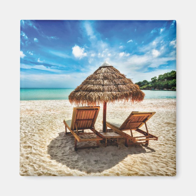 Lounge chairs on beach throw pillow magnet (Front)