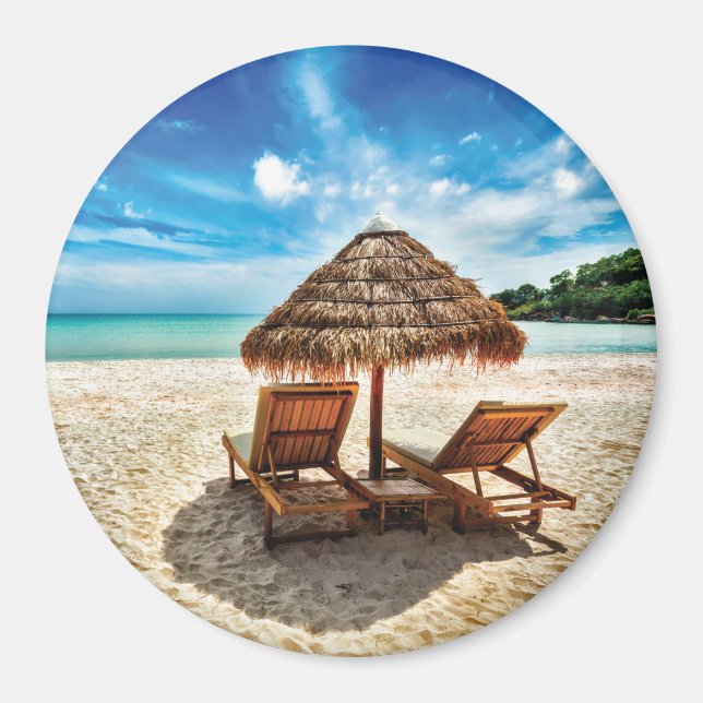 Lounge chairs on beach throw pillow magnet (Front)
