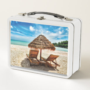 Lounge chairs on beach throw pillow metal lunch box