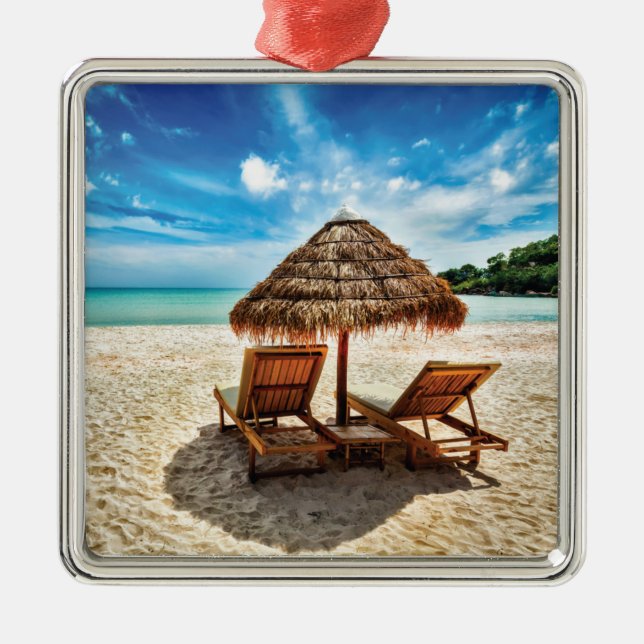 Lounge chairs on beach throw pillow metal tree decoration (Front)