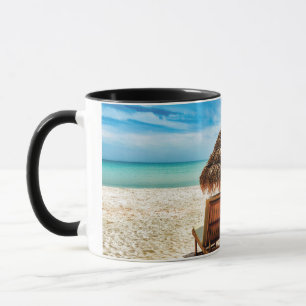Lounge chairs on beach throw pillow mug