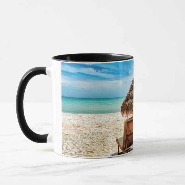Lounge chairs on beach throw pillow mug (Left)