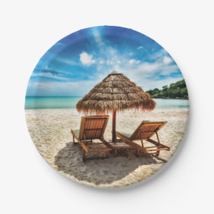 Lounge chairs on beach throw pillow paper plate