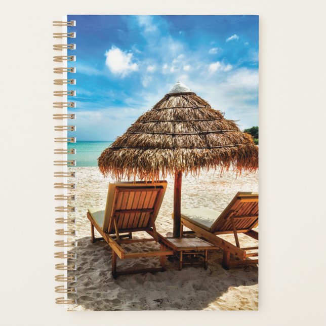Lounge chairs on beach throw pillow planner (Front)