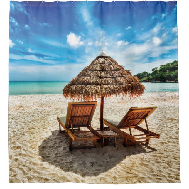 Lounge chairs on beach throw pillow shower curtain (Front)