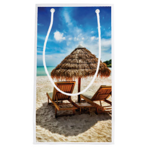 Lounge chairs on beach throw pillow small gift bag
