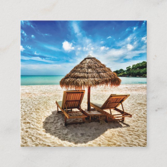 Lounge chairs on beach throw pillow square business card (Front)