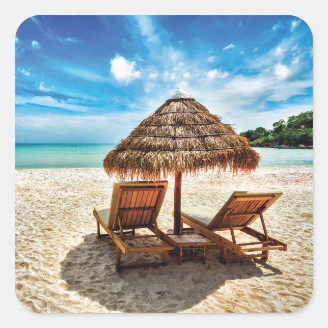 Lounge chairs on beach throw pillow square sticker (Front)