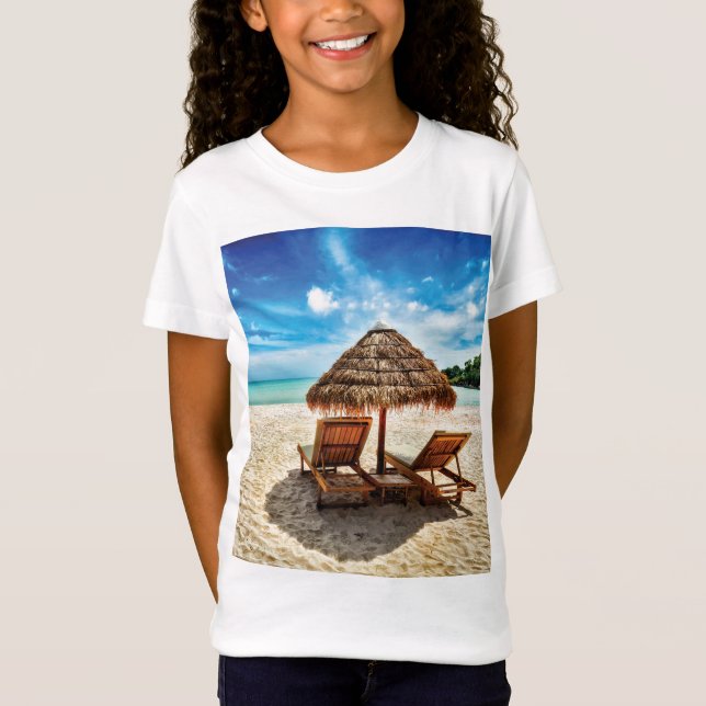 Lounge chairs on beach throw pillow T-Shirt (Front)