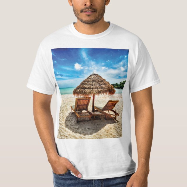 Lounge chairs on beach throw pillow T-Shirt (Front)