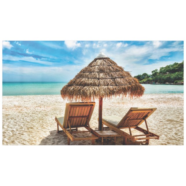Lounge chairs on beach throw pillow tablecloth (Front (Horizontal))