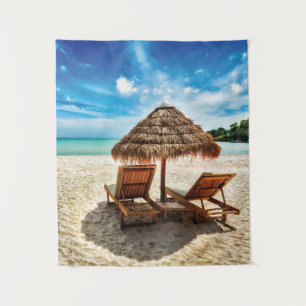 Lounge chairs on beach throw pillow tapestry