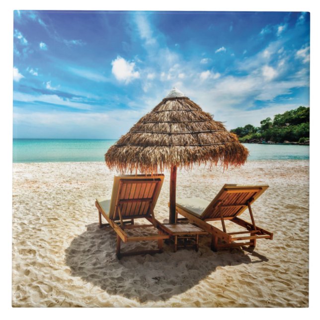 Lounge chairs on beach throw pillow tile (Front)