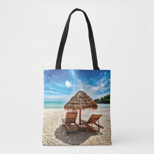 Lounge chairs on beach throw pillow tote bag (Front)