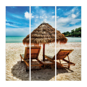 Lounge chairs on beach throw pillow triptych
