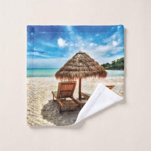 Lounge chairs on beach throw pillow wash cloth
