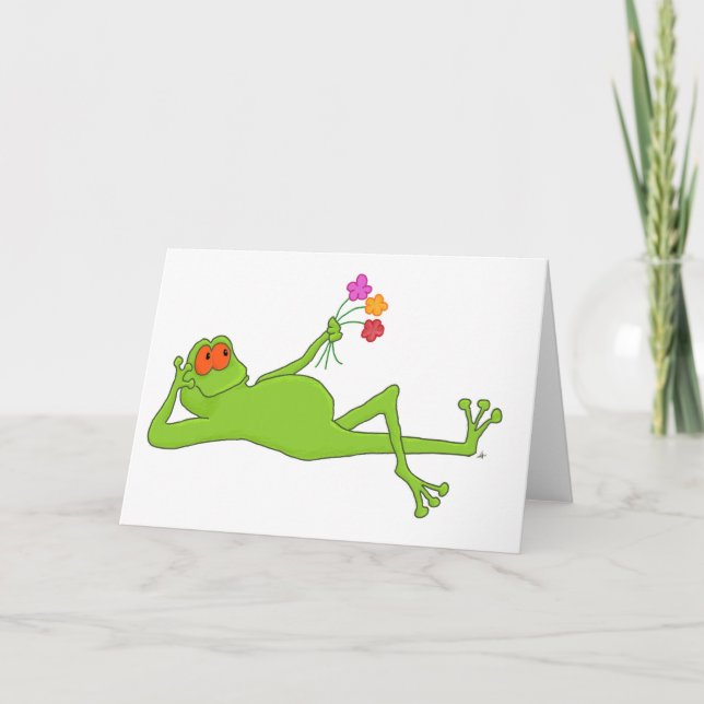 Lounging Frog With Bouquet Greeting Card (Front)