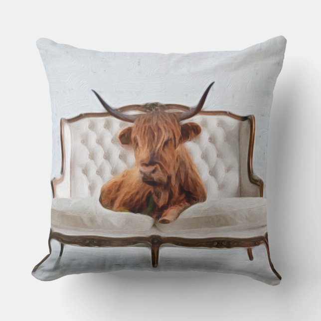 Lounging Highland Cow on White Vintage Sofa Cushion (Front)
