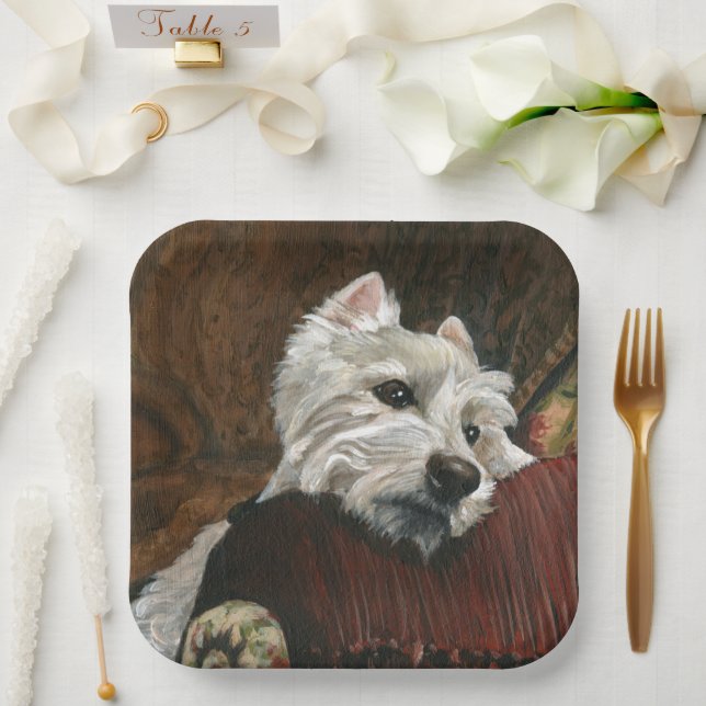 Lounging Westie on Sofa Paper Plate (Wedding)