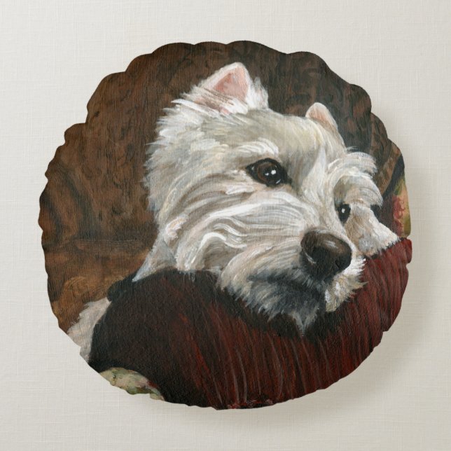 Lounging Westie on Sofa Round Cushion (Front)