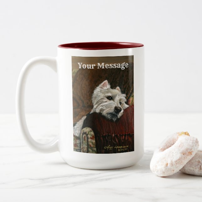 Lounging Westie on Sofa Two-Tone Coffee Mug (With Donut)