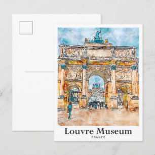 Louvre Museum France Watercolor Hand Drawn Postcard