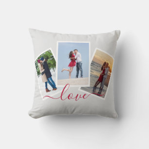Love 3 Photo Collage with Red Script Cushion
