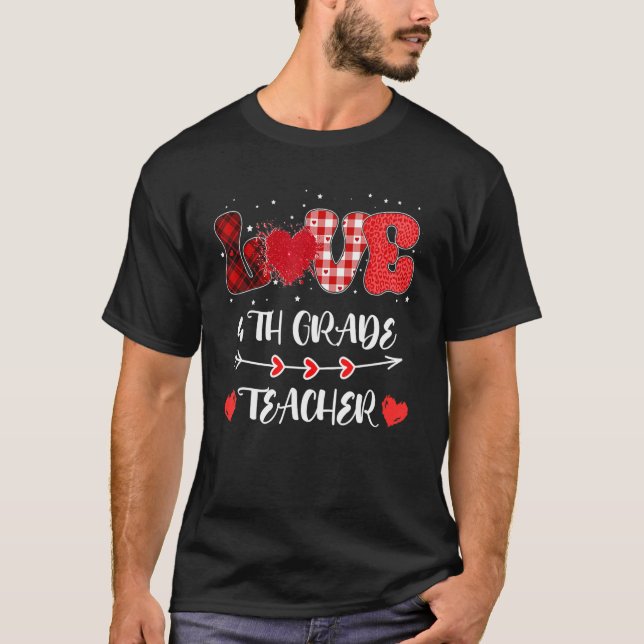 Love 4th Grade Teacher Heart Leopard Buffalo Plaid T-Shirt (Front)