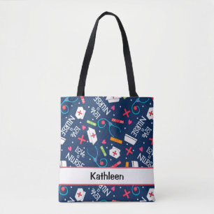 Love a Nurse Art Navy Blue Name Personalised Tote Bag