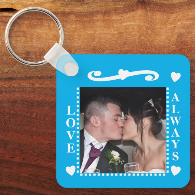 Love always 2 photos add initials white blue key ring (Front)