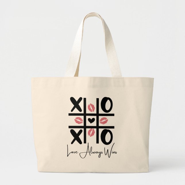 Love Always Wins - Valentine Day Cute Tic Tac Toe Large Tote Bag (Front)