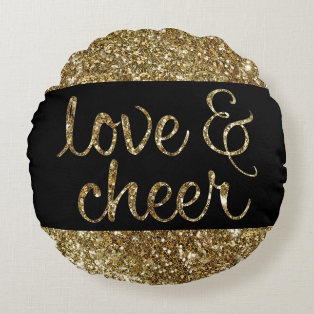 Love and Cheer Glitter Shiny Effect Christmas Round Cushion (Front)
