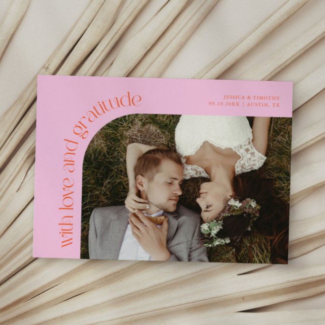 Love and Gratitude Orange Pink Wedding Photo Thank You Card (Creator Uploaded)