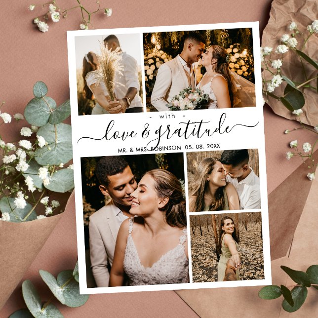 Love and Gratitude Script 5 Photo Collage Wedding  Thank You Card (Creator Uploaded)