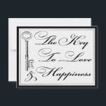 Love and Happiness Key Advice Wedding Couple Card<br><div class="desc">Wedding advice card for the happy couple. The Key To Love and Happiness on one side and Please Share Your Key Advice For The Happy Couple on the back. Classic black and white vintage style design. Features a antique vintage key with a heart. White part of card can be changed...</div>